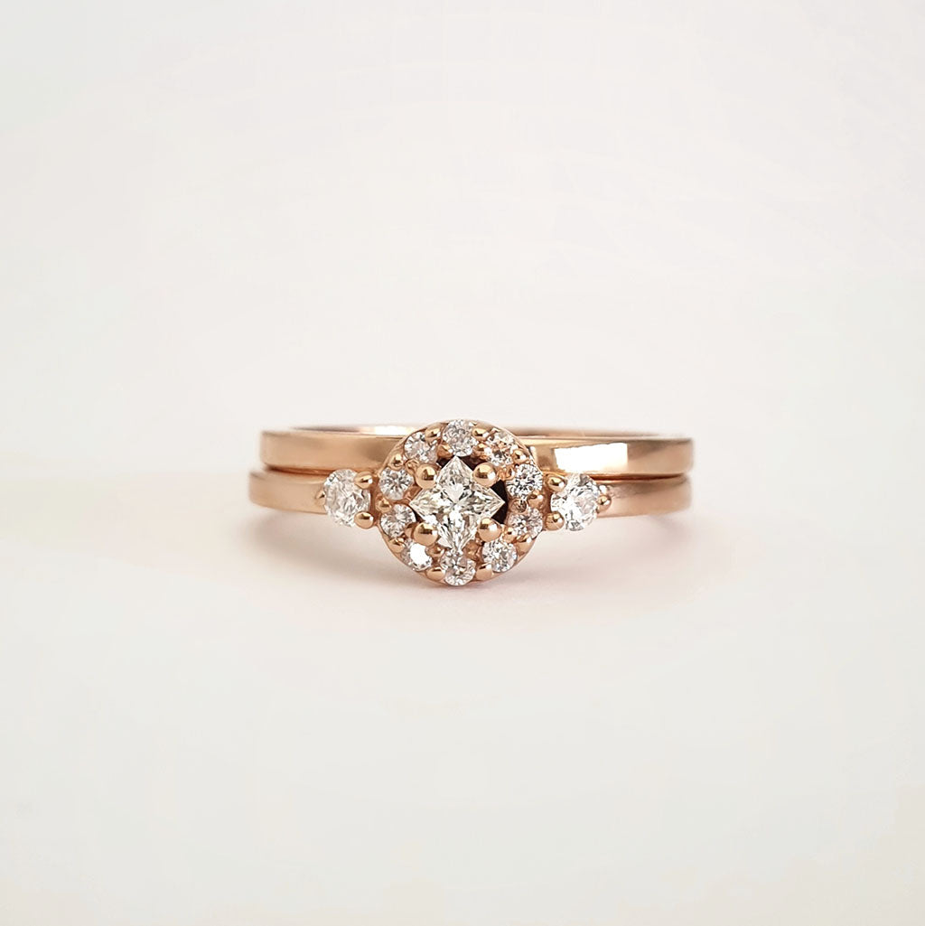 Petite Rose Gold Floral Square Diamond Cluster Engagement Ring Wedding Set