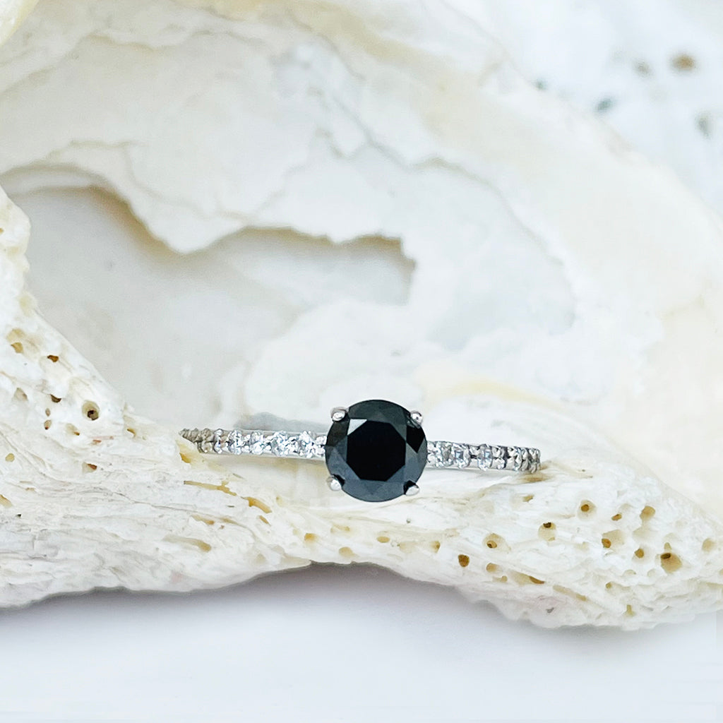 Petite Round Cut Black Diamond with White Diamond Band Ring