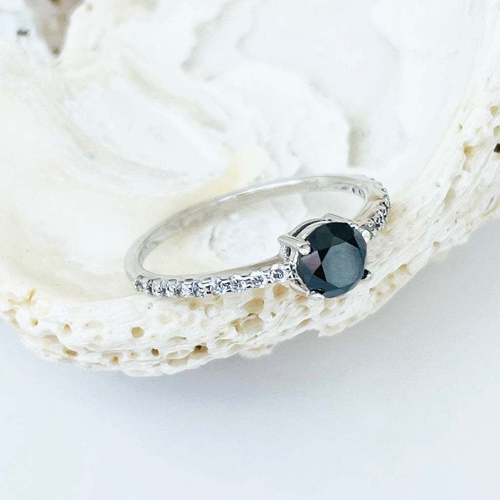 Petite Round Cut Black Diamond with White Diamond Band Ring