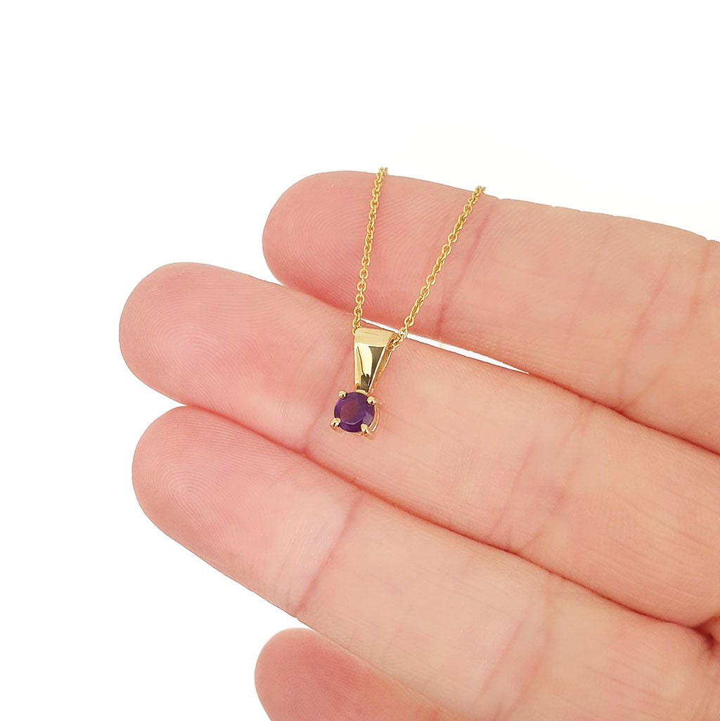 Petite Solid Bale Round Amethyst Yellow Gold Pendant