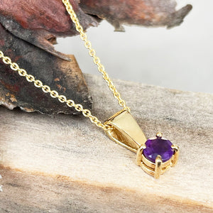 Petite Solid Bale Round Amethyst Yellow Gold Pendant