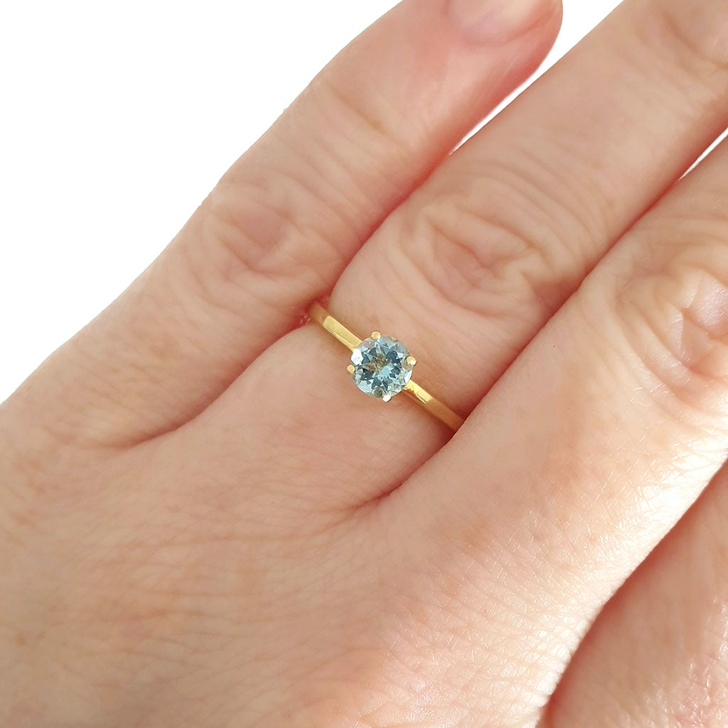 Petite Solitaire Aquamarine Round Cut Four Claw Ring