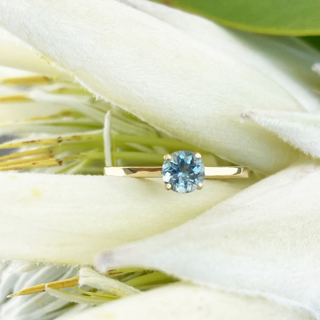 Petite Solitaire Aquamarine Round Cut Four Claw Ring