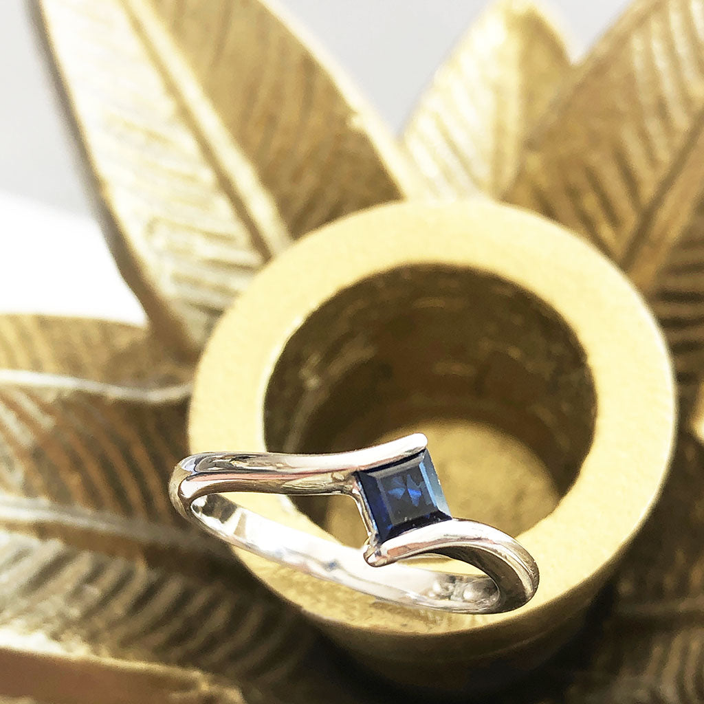 Petite Square Cut Blue Sapphire White Gold Ring