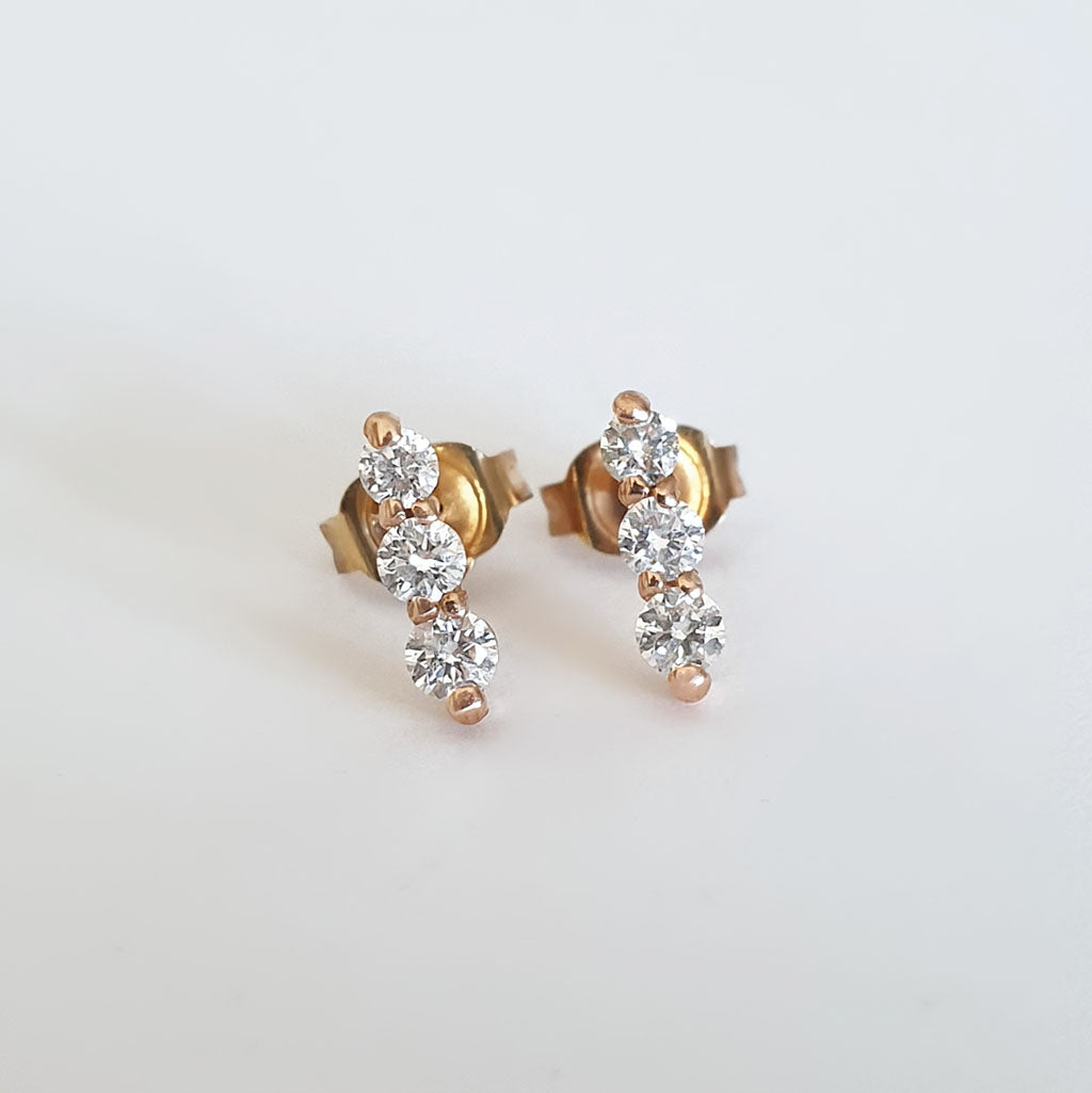 Petite Three Diamond Drop Rose Gold Stud Earrings