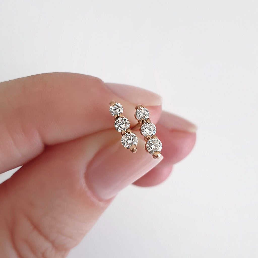 Petite Three Diamond Drop Rose Gold Stud Earrings