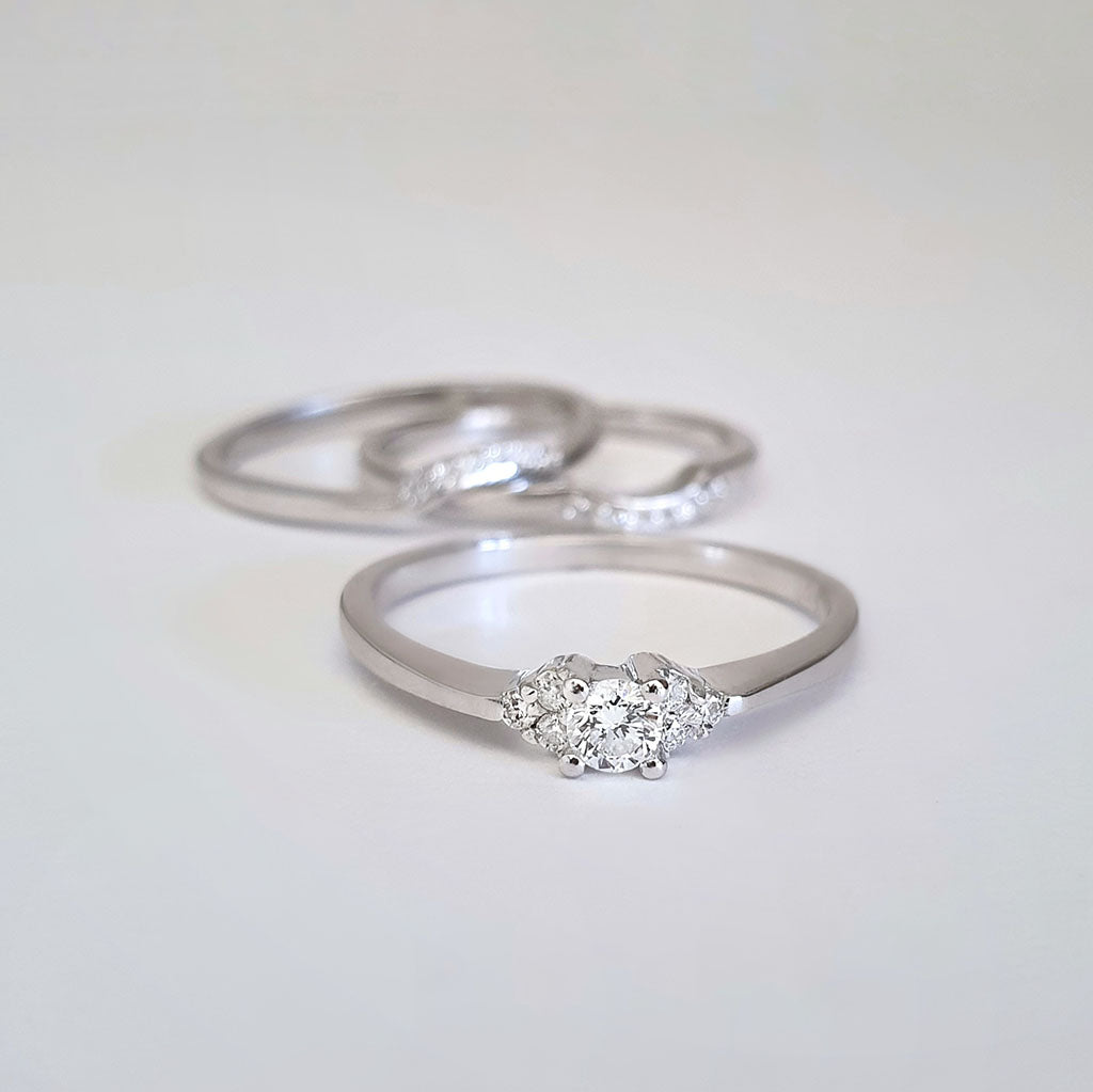 Petite Trilogy Diamond Engagement ring With Dual Diamond Accented Wedding Bands