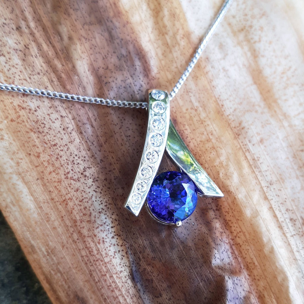 Handcrafted Tanzanite with Diamond Ribbon Pendant