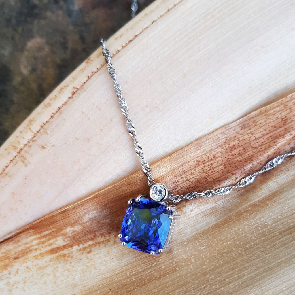 Handcrafted Cushion Cut Tanzanite Pendant with Tube Set Diamond Accent