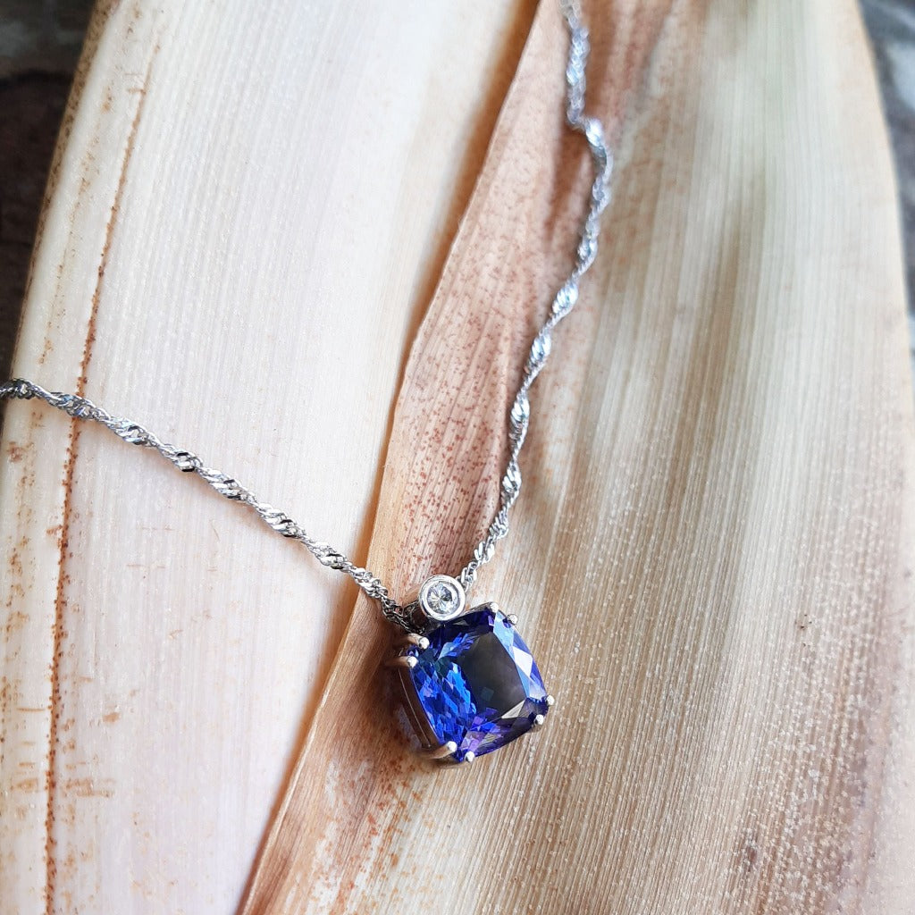 Handcrafted Cushion Cut Tanzanite Pendant with Tube Set Diamond Accent