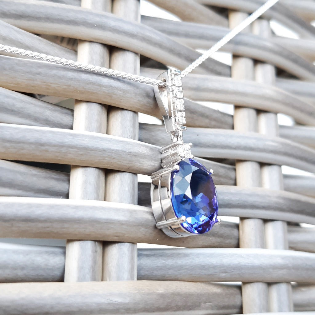 Handcrafted Oval Cut Tanzanite and Diamond Pendant