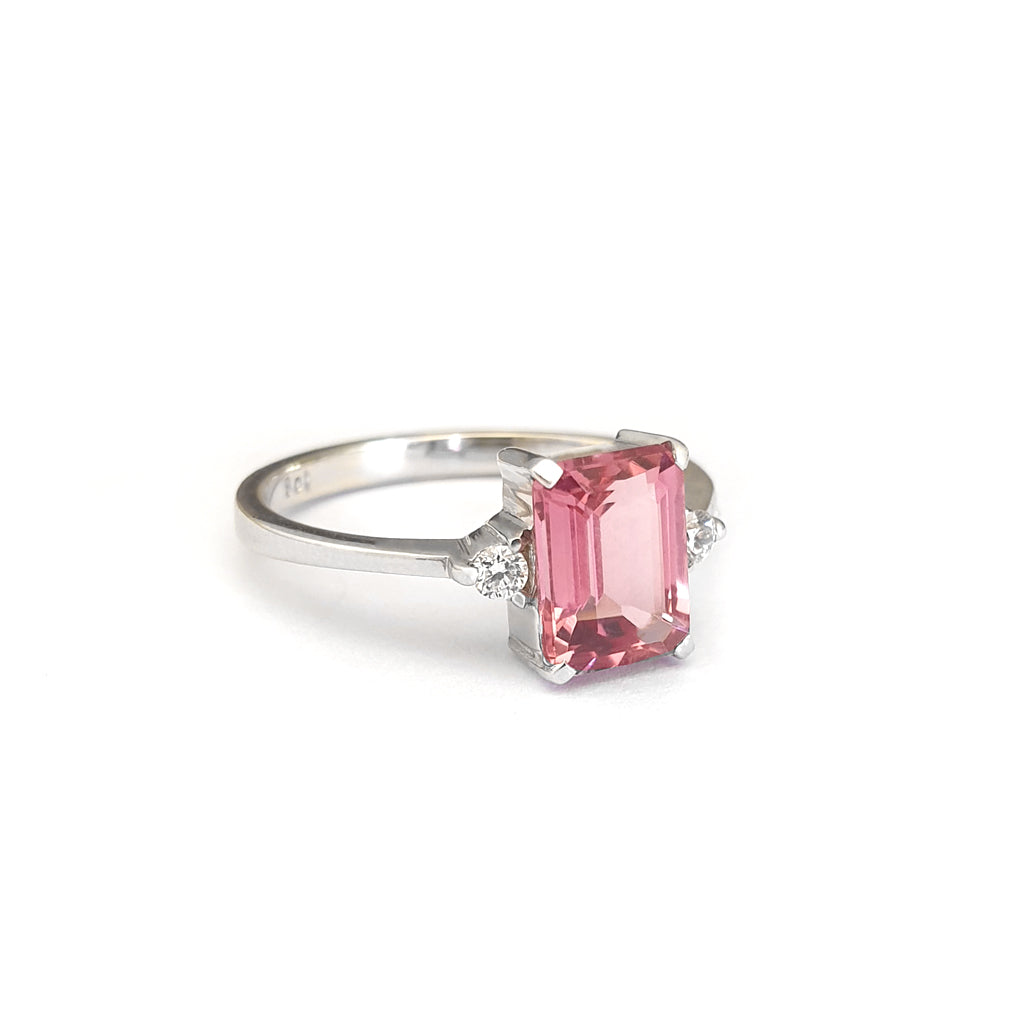Pink Emerald Cut Tourmaline with petite Diamond Accent