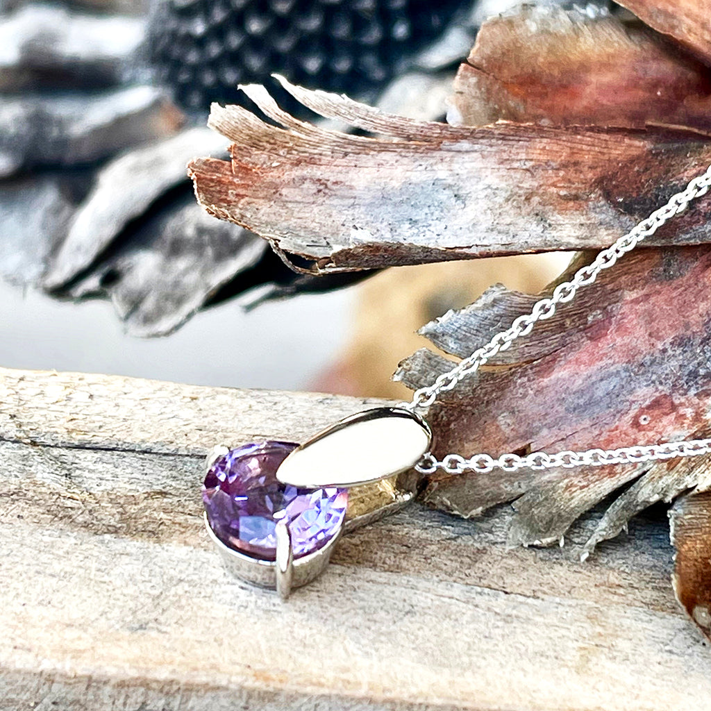 Purple Amethyst Solid Droplet Shaped Bale White Gold Pendant