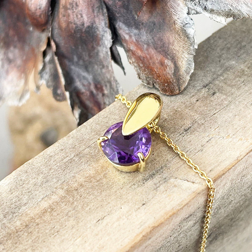 Purple Amethyst Solid Droplet Shaped Bale Yellow Gold Pendant