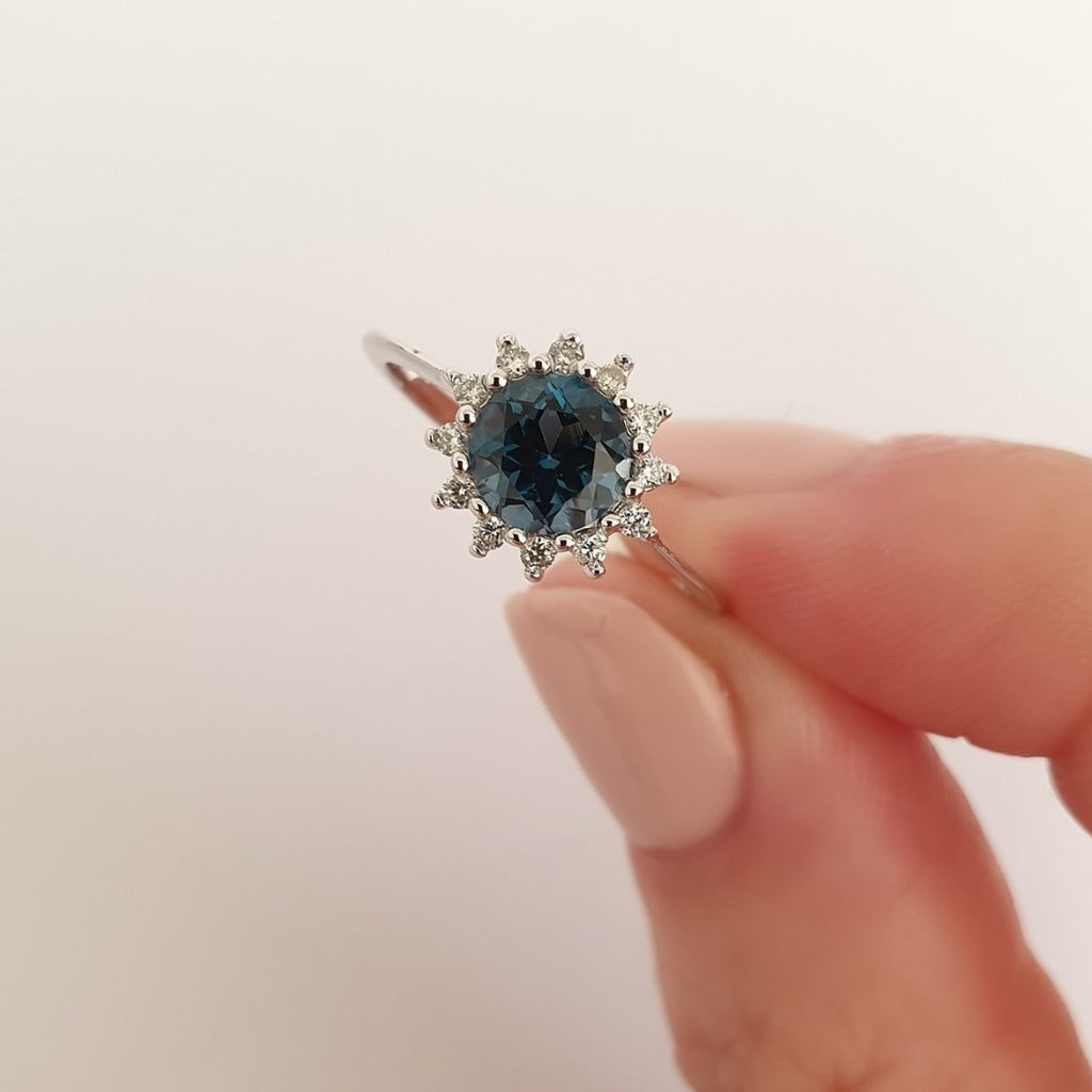 Romantic London Blue Topaz and Diamond Halo Ring