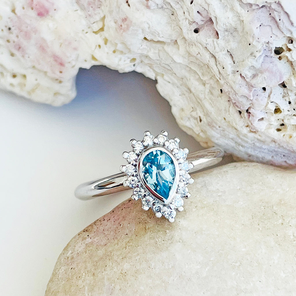Radiant Pear Cut Aquamarine with Diamond Halo Ring