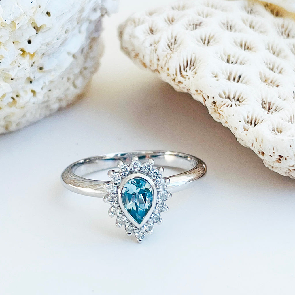 Radiant Pear Cut Aquamarine with Diamond Halo Ring
