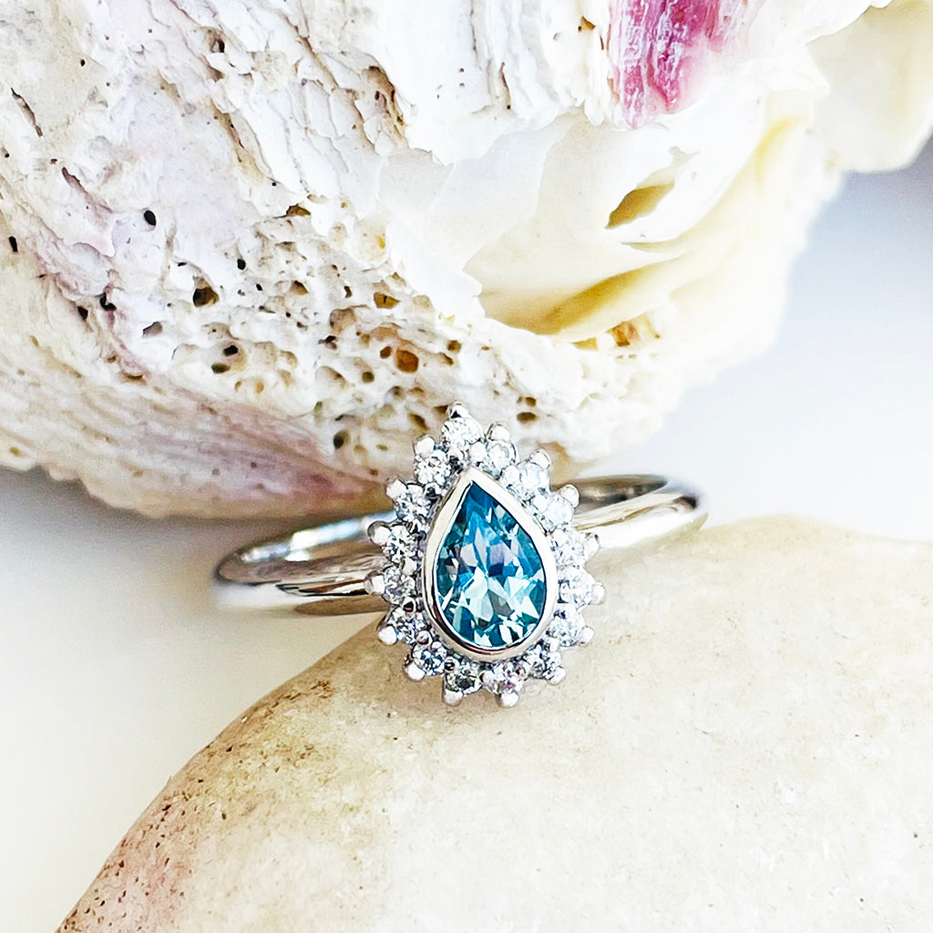 Radiant Pear Cut Aquamarine with Diamond Halo Ring