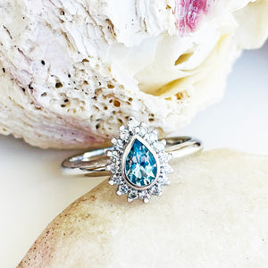 Radiant Pear Cut Aquamarine with Diamond Halo Ring