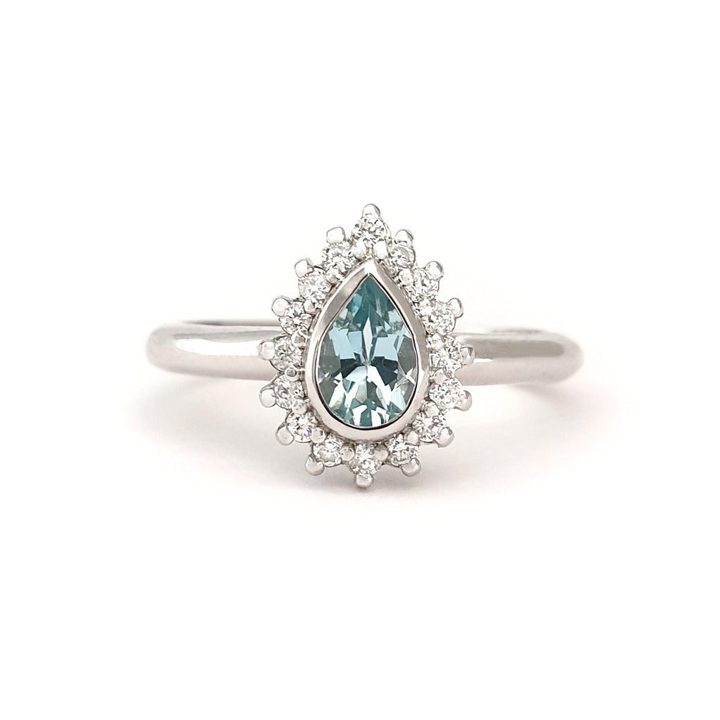 Radiant Pear Cut Aquamarine with Diamond Halo Ring