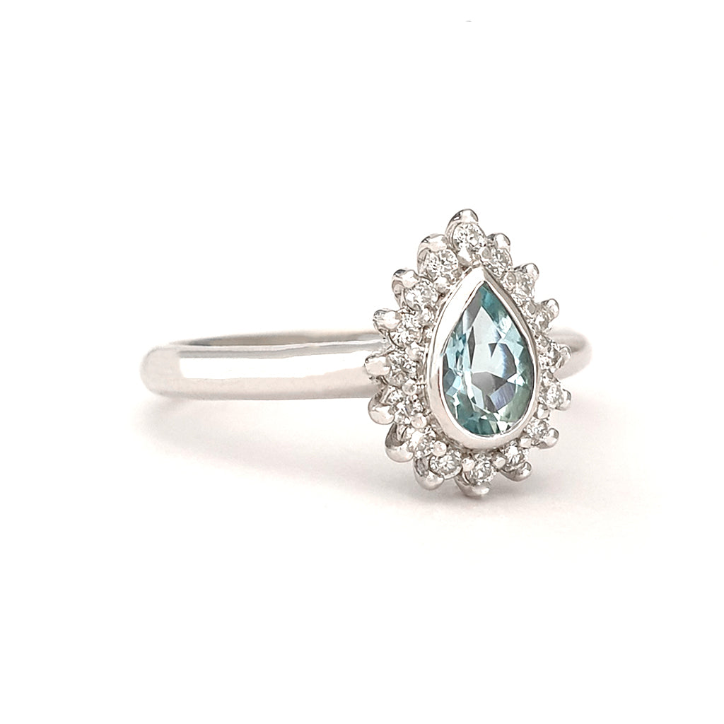 Radiant Pear Cut Aquamarine with Diamond Halo Ring