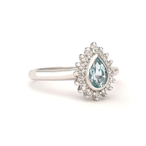 Radiant Pear Cut Aquamarine with Diamond Halo Ring