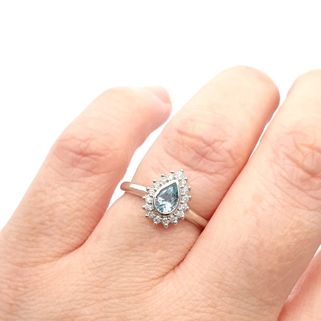 Radiant Pear Cut Aquamarine with Diamond Halo Ring