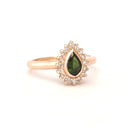 Radiant Pear Cut Green Tourmaline with Diamond Halo Ring