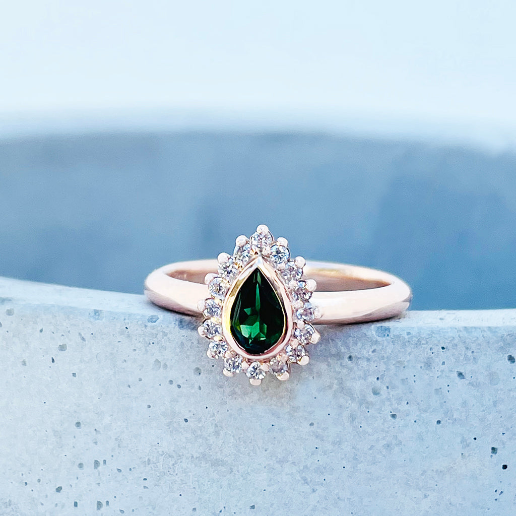 Radiant Pear Cut Green Tourmaline with Diamond Halo Ring