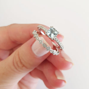 Raised Cushion Cut Aquamarine, Diamond Engagement Ring with Diamond Wedding Band Set