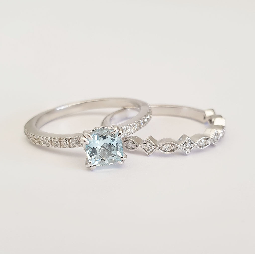 Raised Cushion Cut Aquamarine, Diamond Engagement Ring with Diamond Wedding Band Set