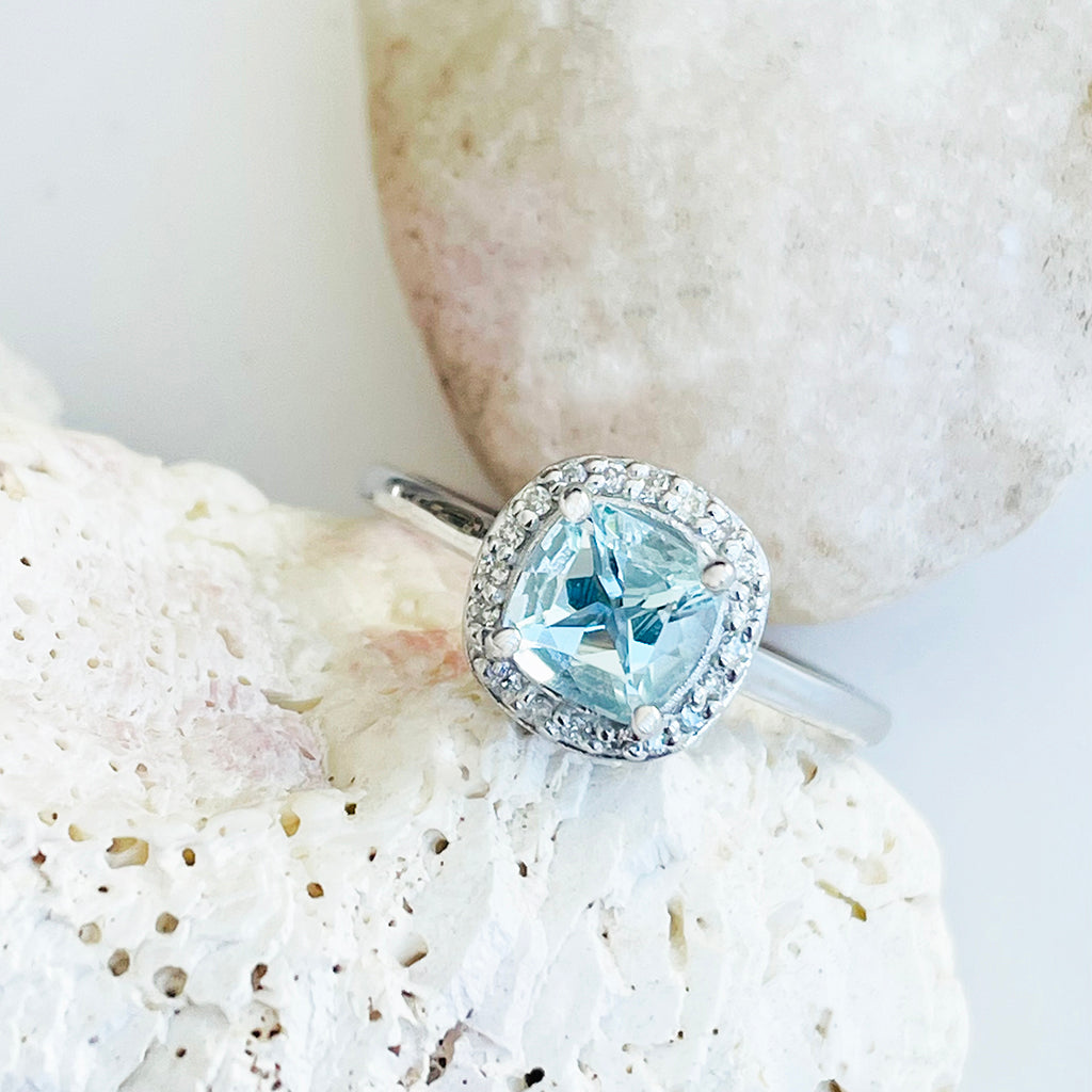 Raised Cushion Cut Aquamarine and Diamond Halo Ring⁠