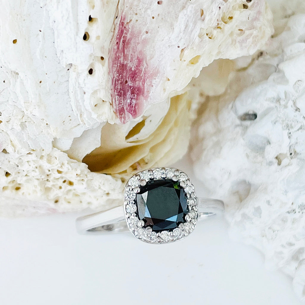 Raised Cushion Cut Black Diamond with Diamond Halo Ring