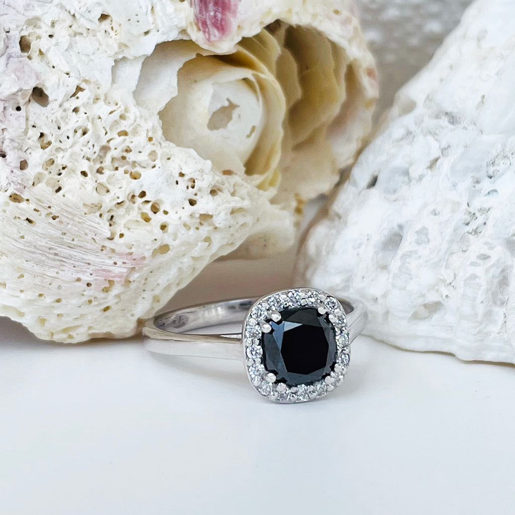 Raised Cushion Cut Black Diamond with Diamond Halo Ring