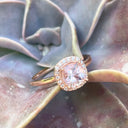 Raised Cushion Cut Morganite and Diamond Halo Ring