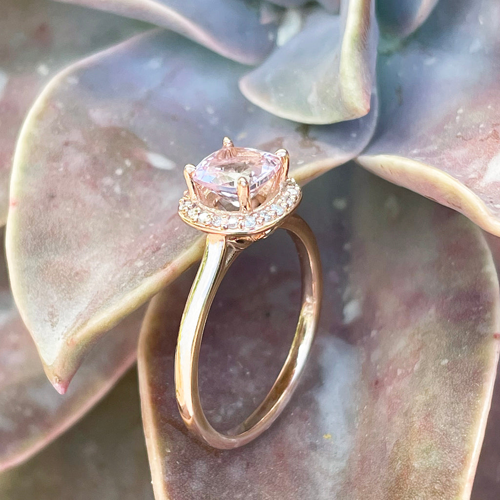 Morganite and diamond halo cushion ring discount
