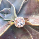 Raised Cushion Cut Morganite and Diamond Halo Ring
