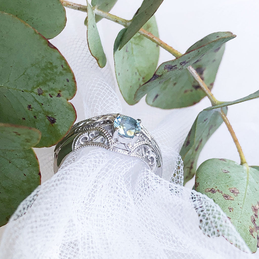 Raised Filigree and Beaded Round Cut Aquamarine Wedding Set