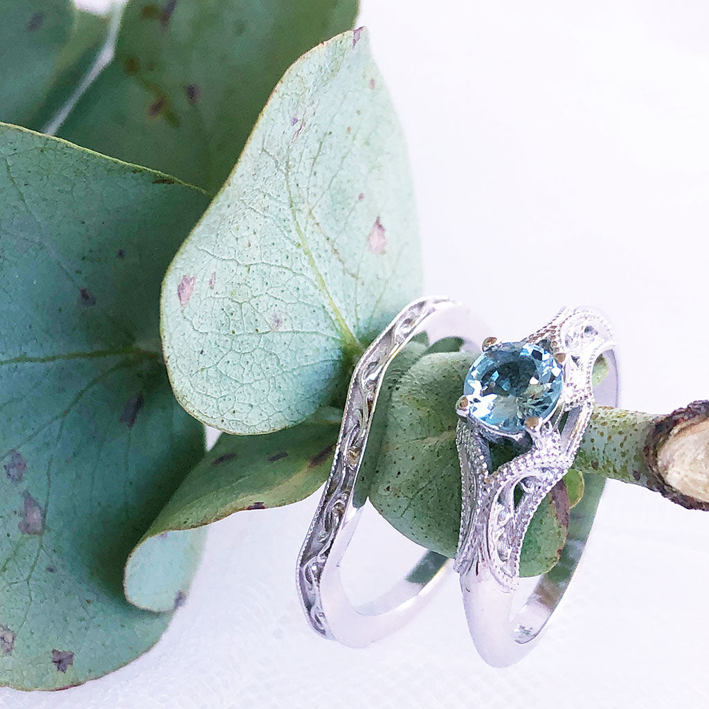 Raised Filigree and Beaded Round Cut Aquamarine Wedding Set