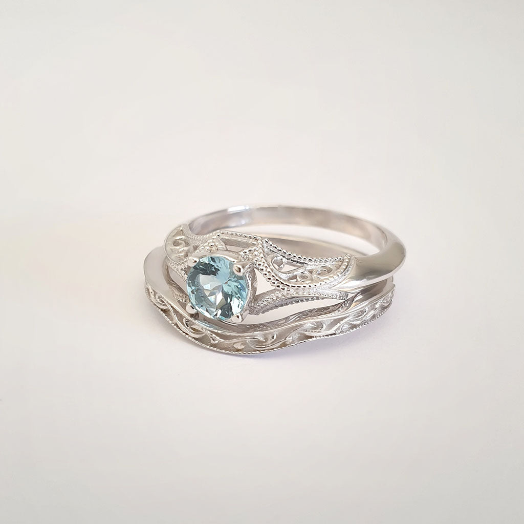 Raised Filigree and Beaded Round Cut Aquamarine Wedding Set