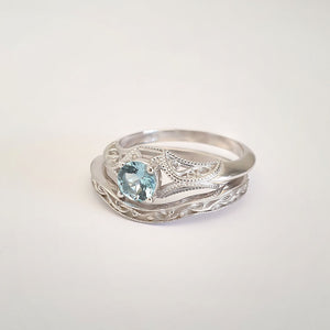 Raised Filigree and Beaded Round Cut Aquamarine Wedding Set