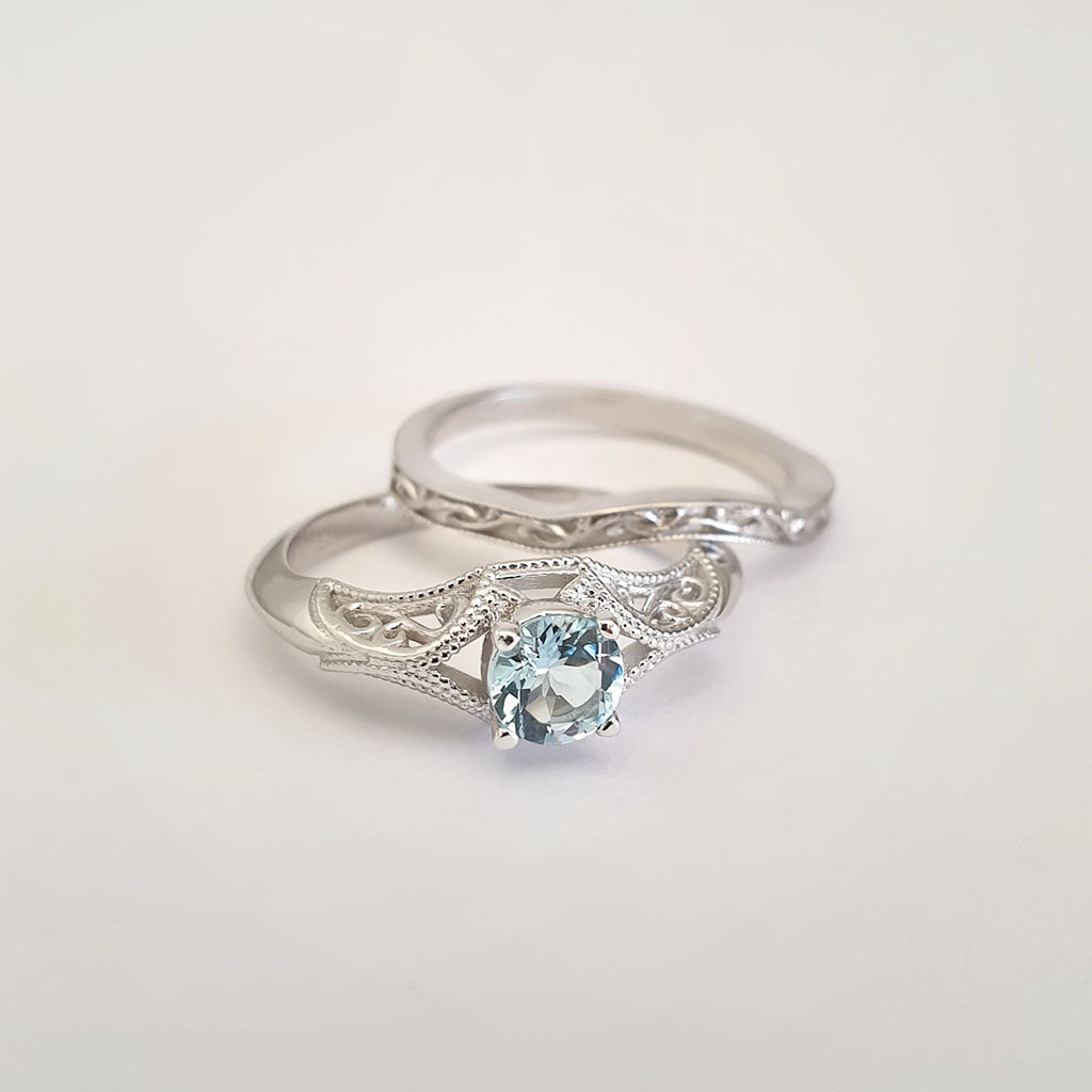 Raised Filigree and Beaded Round Cut Aquamarine Wedding Set