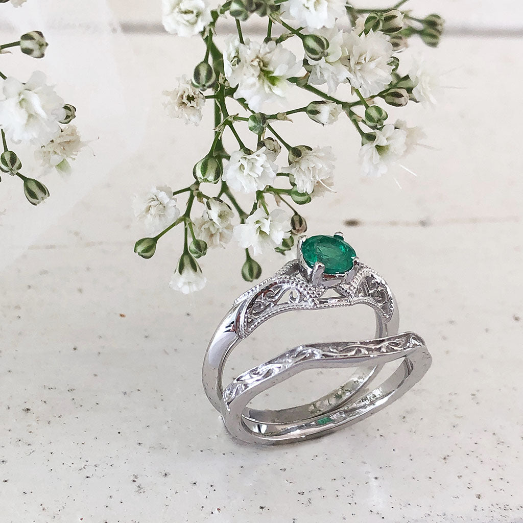 Raised Filigree and Milgrain Round Cut Emerald Wedding Set