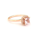 Raised Cushion Cut Morganite and Diamond Halo Ring