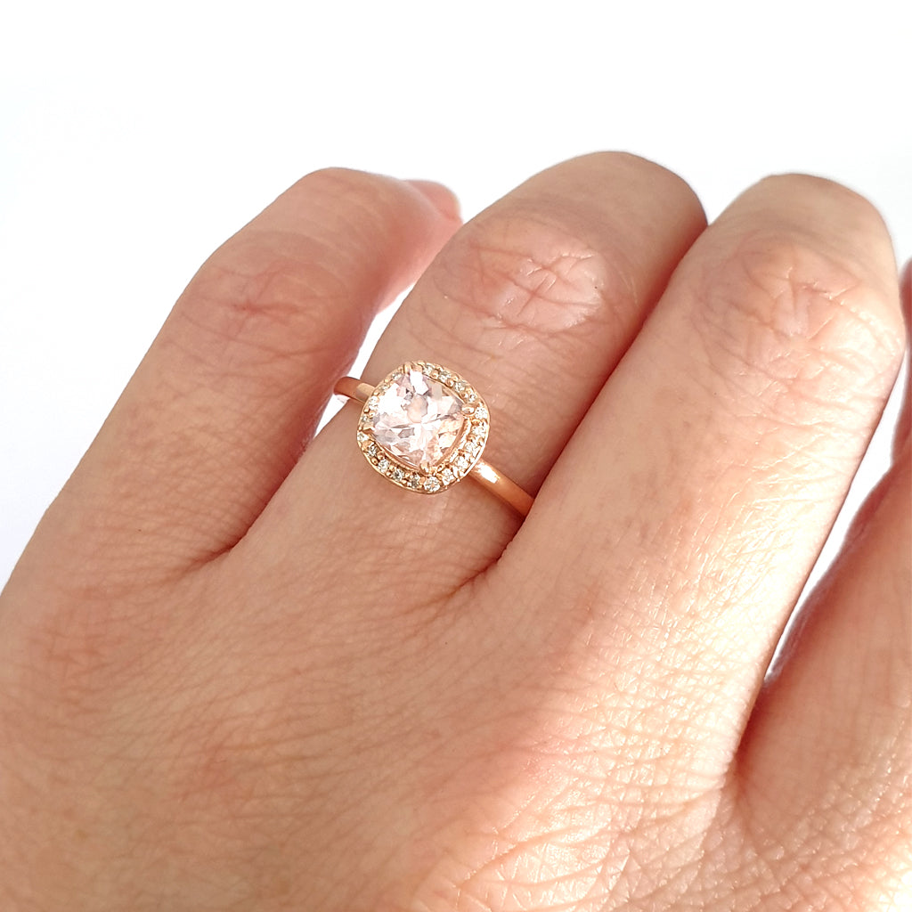 Raised Cushion Cut Morganite and Diamond Halo Ring