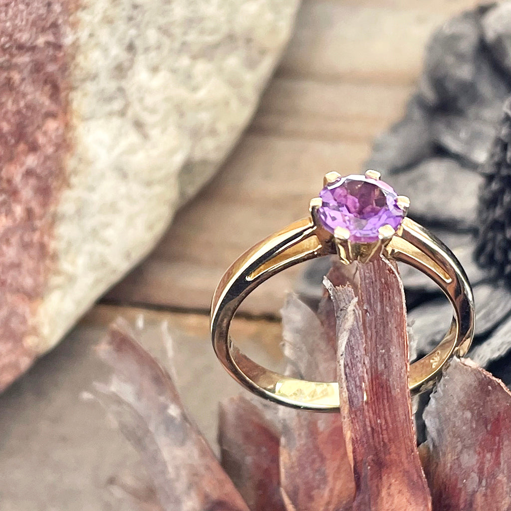Regal Six Claw Round Cut Amethyst Yellow Gold Ring