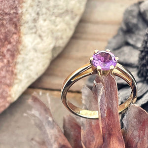 Regal Six Claw Round Cut Amethyst Yellow Gold Ring