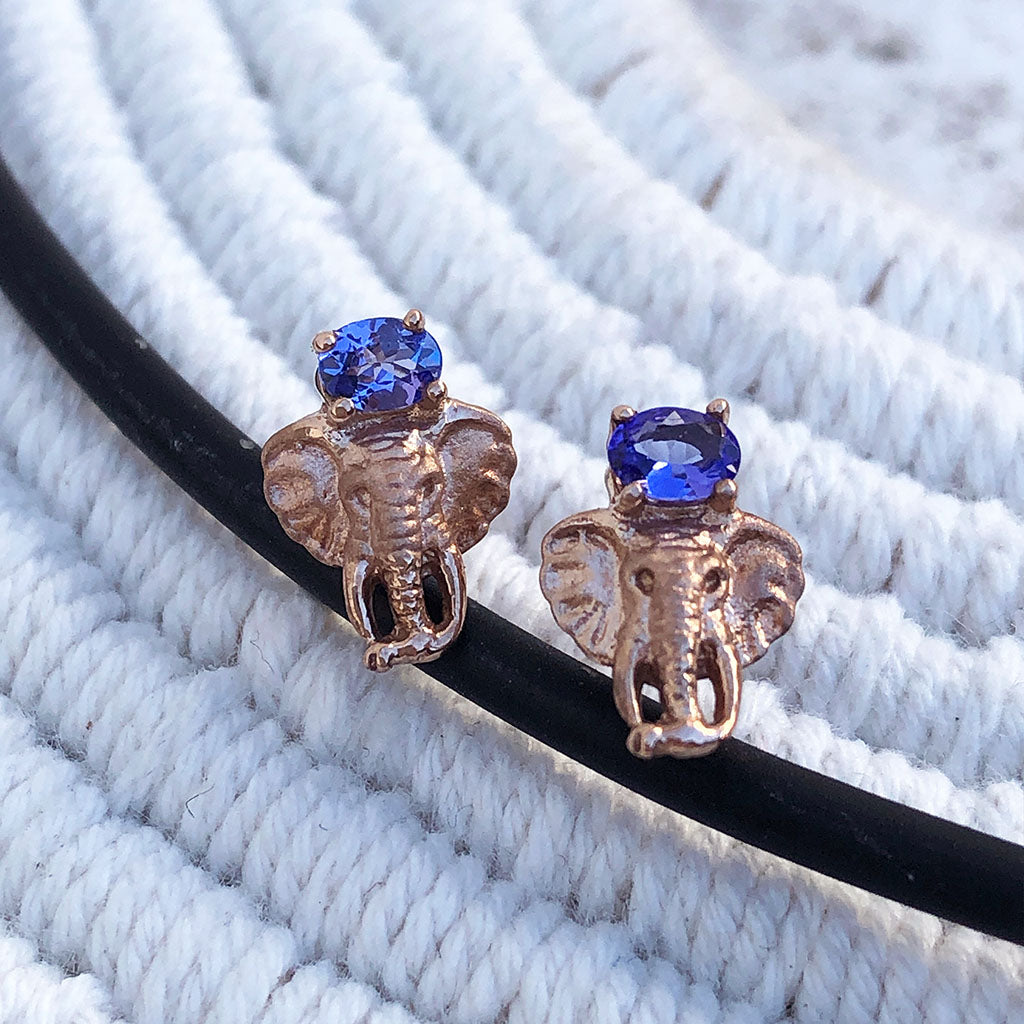 Relief Elephant Tanzanite Rose Gold Studs