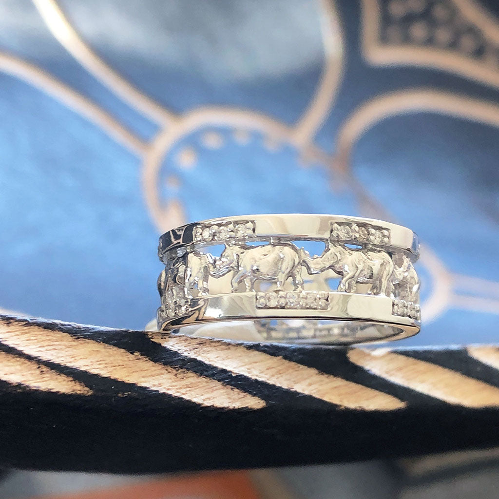 Rhino and Diamond White Gold Ring