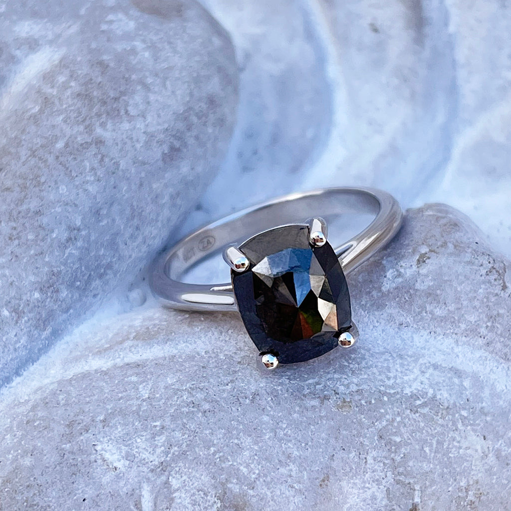 Rose Cut Cushion Shaped Black Diamond and White Gold Ring